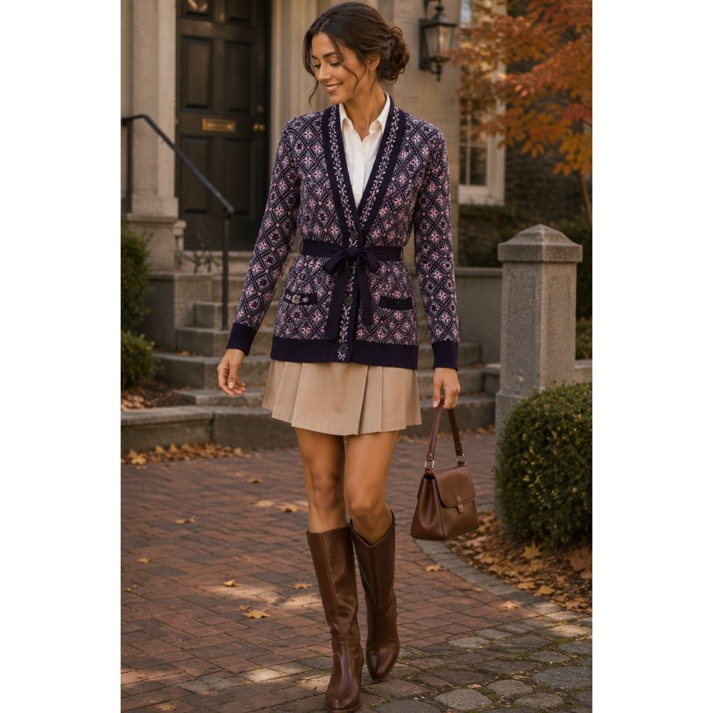 COSY WOOL by Elson Purple Geometric Cardigan Sweater Belted Tie Waist Size 38